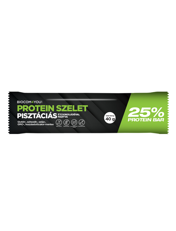 Proteínová tyčinka s pistáciami máčaná v horkej čokoláde